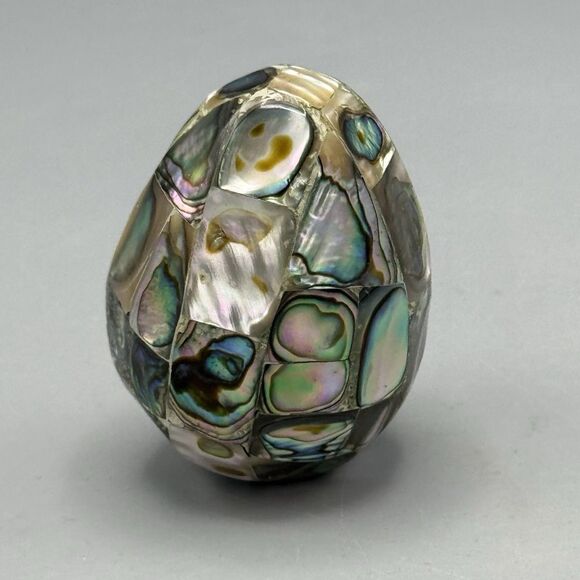 Vtg Abalone Shell Egg Mother Of Pearl Mosaic Iridescent Inlay Paperweight 2.5"T - Picture 2 of 6